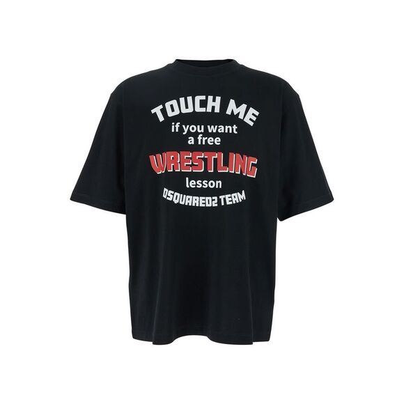 Dsquared2 Men Black Crewneck T-Shirt With Print On The Front In Cotton Man